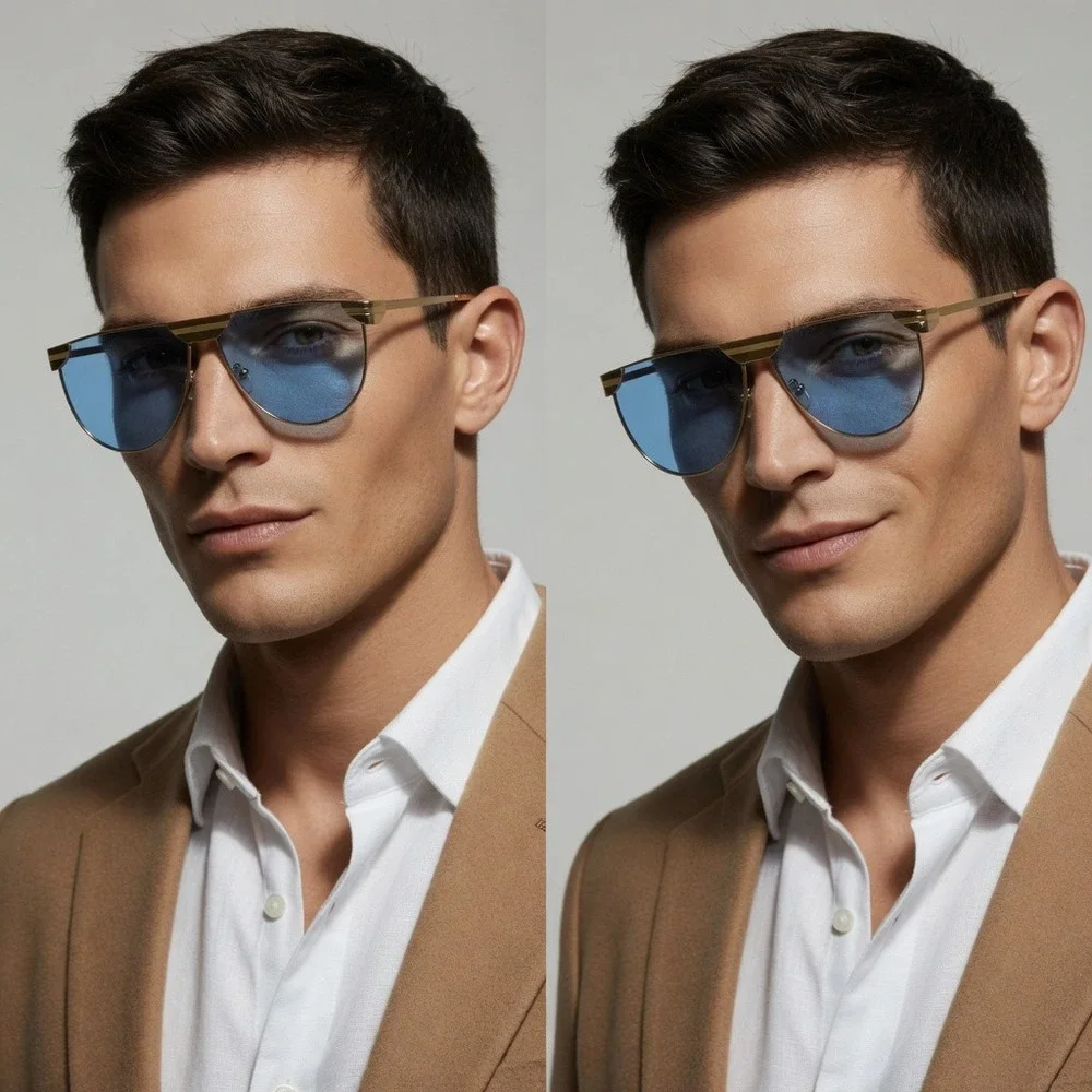 Mens‎ Gold Shield  Sunglasses Blue Tint Lens Flat Top Metal Frame Streetwear New